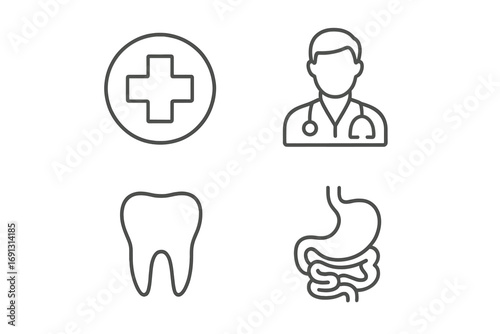 Health care medical line icon set. Doctor, dentist, tooth, stomach, clinic symbols. Vector outline pictogram collection for web, apps, and modern design illustration.