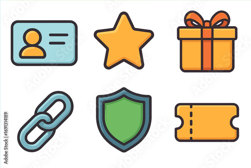 Loyalty program icon set. Customer reward and membership benefit symbols. Identification card, star rating, gift bonus, link, security shield, and voucher ticket vector.