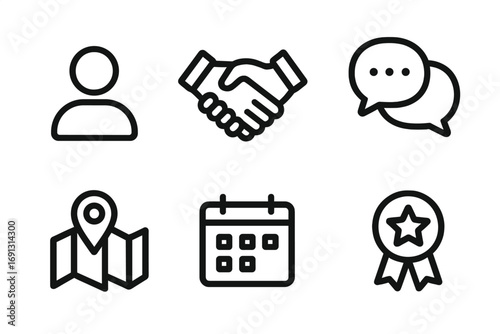 Minimalist line icon set for business. Vector symbols for contact, deal, communication, location, date, and success. User, handshake, chat, map, calendar, and award icons.