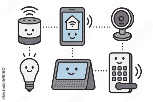 Smart home technology vector icon set of cute cartoon devices. Internet of Things, automation and security system concept. Connected gadgets like speaker, lock, camera.