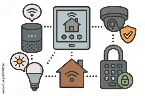 Smart home technology vector icon set. Internet of Things (IoT) concept with connected devices. Home automation system with security camera, smart lock, and voice assistant.