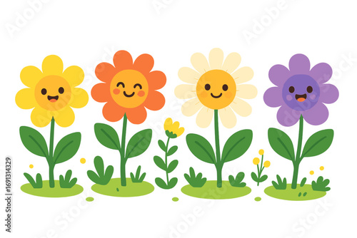 Cute smiling flower characters in a row. Happy floral cartoon vector illustration for kids. Cheerful nature background with spring blossoms. Kawaii plants in a garden setting.
