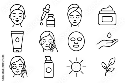 Skincare and cosmetics outline icon set. Beauty treatment, face care routine icons. Linear vector collection with cream, serum, sun protection, and facial mask for spa concepts.