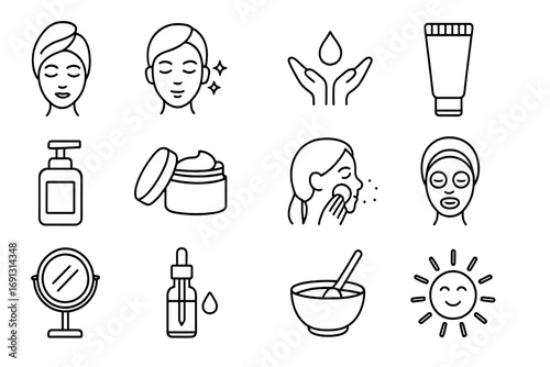 Skincare cosmetics outline icon set. Beauty treatment, facial care, and dermatology symbols. Linear vector collection for spa, salon, and cosmetic product packaging design.