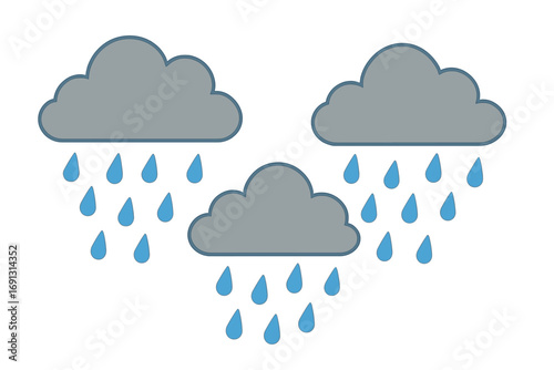 Rainy weather vector flat illustration. Grey clouds and blue raindrops falling. Cartoon weather forecast icon. Stormy, sad, gloomy concept. Isolated on white background.