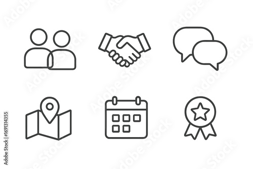 Business and communication line icon set. People, handshake, chat, map, calendar, award. Vector symbols for web and mobile app user interface. Teamwork and success concept.