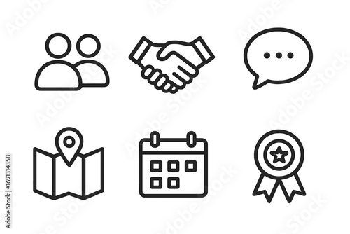 Business line icons set. Vector collection of minimalist pictograms. People, handshake, chat bubble, map pin, calendar, award medal. Outline symbols for web and app UI design.