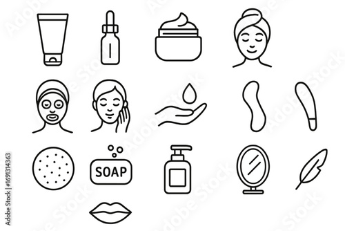 Skincare and beauty outline icon set. Cosmetics, wellness, and hygiene vector symbols. Skin care routine, spa treatment, facial massage, and dermatology line icons.