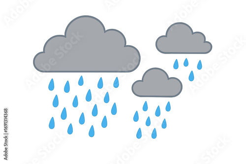 Rainy weather vector icon set. Flat cartoon illustration of grey clouds and blue raindrops. Meteorology forecast symbol for storm, downpour, or drizzle. Isolated graphic element.