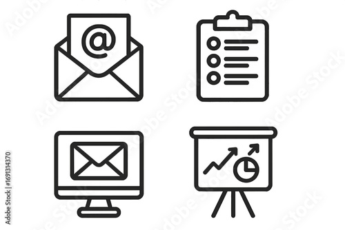 Email marketing icon set vector. Minimalist line icons for newsletter campaign, subscriber list management, analytics report, and business communication strategy. Grow mailing list.