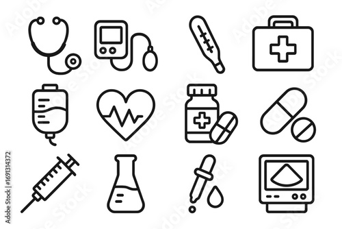 Medical equipment icon set with outline designs for healthcare and diagnostics. Vector illustration for hospital, clinic. Stethoscope, syringe, pills, heartbeat, first aid kit.