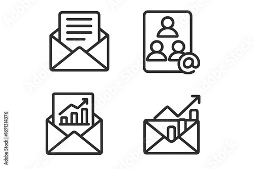 Email marketing icon set. Minimalist line art icons for newsletter, subscriber list, analytics, and CRM. Vector symbols for digital campaign, contact management, and data report.