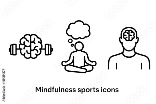 Sports psychology icon set. Mindfulness, meditation, mental health in sports. Brain training, athlete mindset, focus concept. Mind-body connection vector outline icons.