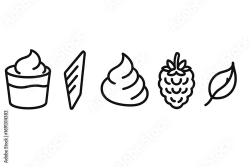 Mini mousse cake and pastry dessert ingredients. Outline icon set with mousse cup, chocolate shard, whipped cream, raspberry, mint leaf. Patisserie recipe concept vector.