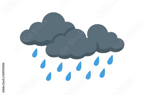 Rainy weather flat vector icon. Dark storm clouds with blue raindrops. Simple cartoon illustration. Meteorology symbol for forecast, climate, season. Drizzle, downpour concept.