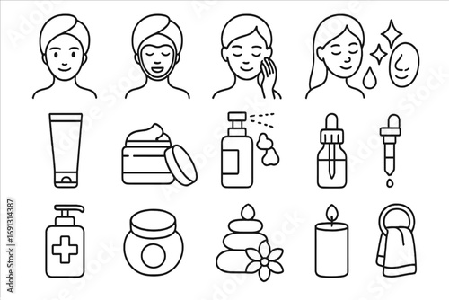 Skincare and beauty outline icon set. Cosmetics, wellness, hygiene vector symbols. Facial care, spa treatment, and daily routine line icons. Cream, serum, lotion, and face mask.