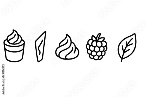 Mini mousse cake ingredients and dessert toppings outline icon set. Vector illustration of mousse cup, chocolate shard, whipped cream swirl, raspberry, and mint leaf for bakery.