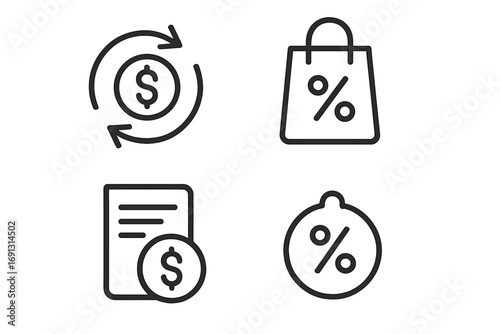 Minimalist cashback and discount icon set. Vector line icons for e-commerce shopping promotion and money refund. Financial symbols for sale offer and web interface design.