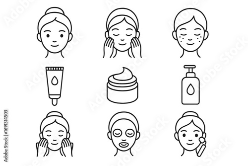 Skincare routine steps line icon set. Facial care and beauty treatment pictograms. Face cleansing, moisturizing, cream application, mask, jade roller. Vector cosmetology icons.