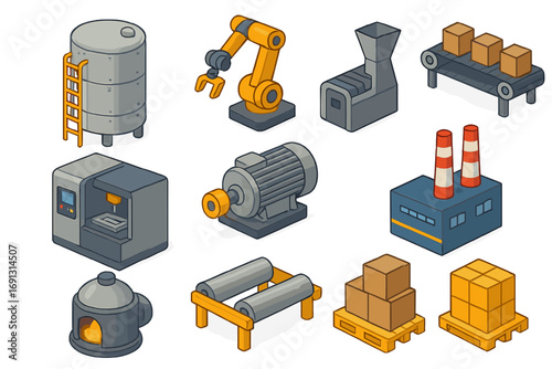 Isometric industrial machinery icons set. Vector cartoon factory production symbols like robotic arm, conveyor belt, warehouse pallet, and manufacturing automation equipment.
