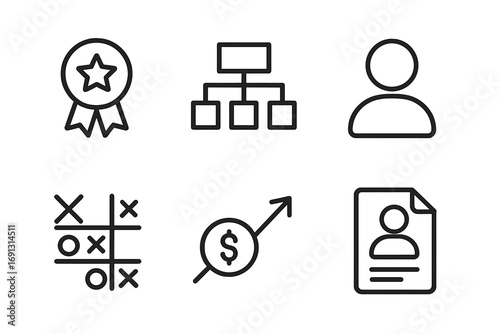 Business and finance line icon set. Vector icons for organization chart, HR documents, financial growth, user profile, strategy game and quality award. Minimalist symbols.