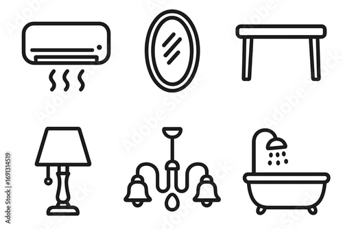 Interior line icon set. Furniture and home decor elements. Vector symbol collection for web and app design. Contains air conditioner, mirror, table, lamp, chandelier, bathtub.