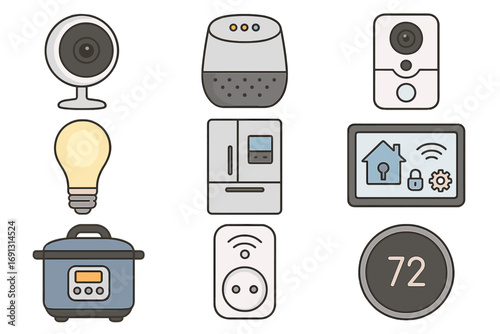 Smart home icon set for modern living. Internet of Things (IoT) devices for home automation. Vector cartoon illustration of camera, speaker, thermostat, smart plug, appliances.