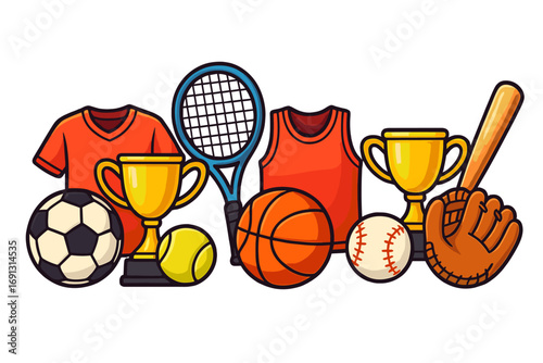 Sports equipment set. Vector cartoon collection for soccer, basketball, baseball, and tennis. Includes balls, apparel, bat, racket, and golden trophy cup for a championship.