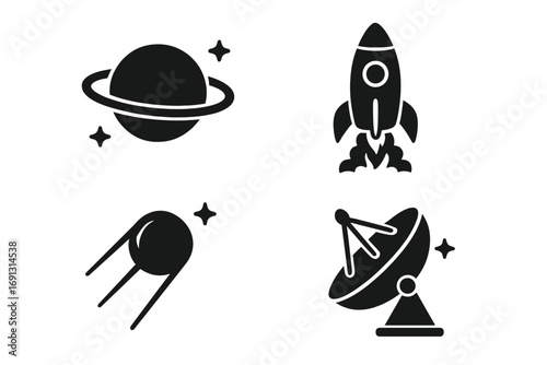 Space exploration silhouette icon set. Rocket launch, planet Saturn, satellite Sputnik, dish antenna. Astronomy science vector symbols. Simple black glyph collection on white.
