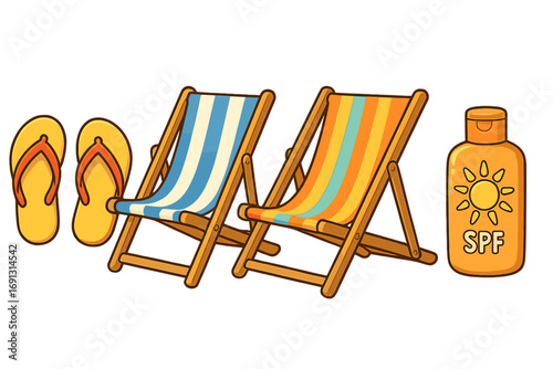 Beach vacation essentials vector set. Cartoon illustration of summer items: flip flops, striped deck chairs, and sunscreen lotion. Holiday, travel, and sun protection concept.