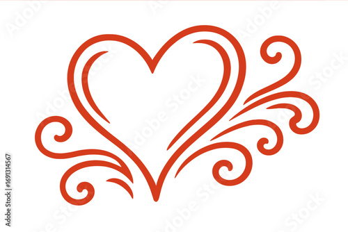 Red heart icon with decorative flourish. Love symbol. Hand drawn calligraphy swirl ornament. Vector line art for Valentine's Day, wedding. Romantic sketch doodle for card design.