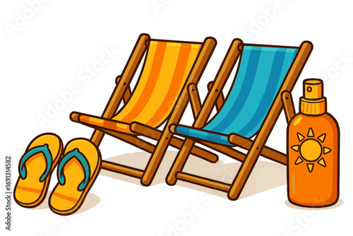 Beach essentials for summer vacation. Isolated vector icon set with two lounge chairs, flip flops and sunscreen. Sunbathing, holiday and travel relaxation concept illustration.