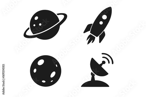 Space exploration vector icon set with rocket launch, planet, moon, and satellite dish. Astronomy and galaxy symbols for science and technology. Silhouette graphic elements.