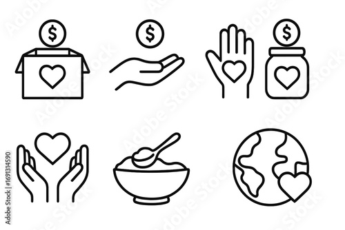 Donation and charity icons set. Minimalist symbols for social causes, volunteering, and support. Vector line art of giving, love, help, fundraising, care, and food aid.