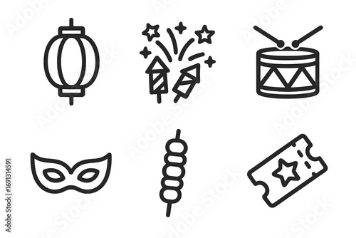 Festival line icons collection with lantern, fireworks, drum, mask, food skewer, and ticket. Minimalist celebration and event symbols for party or carnival vector set.