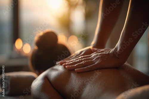 Wallpaper Mural Soothing back massage in a serene spa, bathed in tranquil golden hour light. Torontodigital.ca