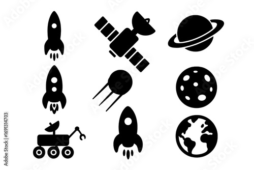 Space exploration icon set silhouette. Vector graphic collection with rocket, satellite, planet, moon, earth, rover. Cosmos astronomy symbols for science and technology.