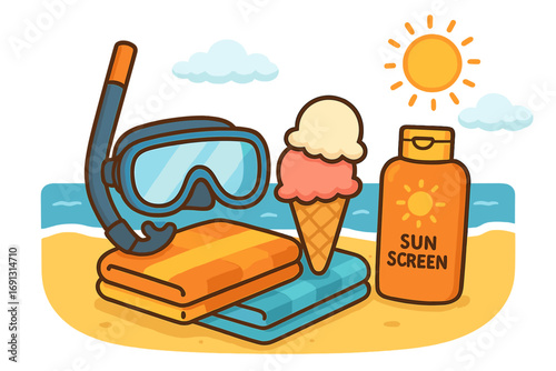 Summer beach essentials collection with snorkeling gear, towels, ice cream cone, sunscreen bottle, sunny ocean background, vector cartoon illustration, coastal holiday accessories