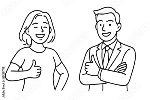 Happy smiling man and woman showing thumbs up gesture. Confident businessman in suit and casual woman express positivity and satisfaction. Line art vector for success, approval.