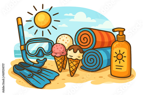 Summer beach essentials with snorkeling gear, rolled towels, colorful ice cream cones, sunscreen bottle and sun shining brightly, vector cartoon illustration for sunny seaside vacation fun