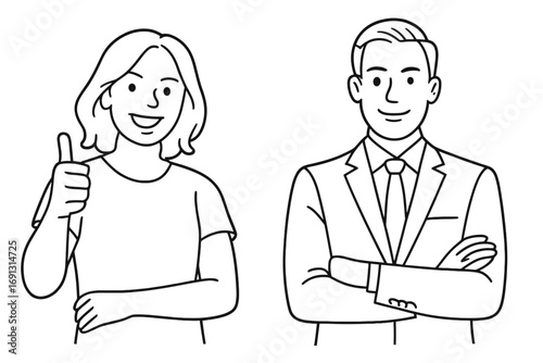 Line drawing of positive woman giving thumbs up and confident businessman with crossed arms. Vector illustration of happy people, teamwork, success, approval, professional.