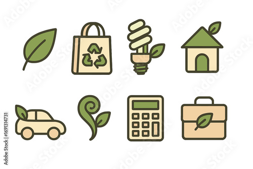 Minimalist eco living and business essentials icons set, green energy saving, sustainable home, electric car, recycling bag, nature elements, calculator, green briefcase, vector cartoon