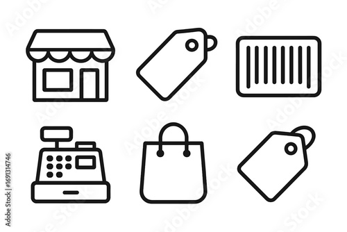 Minimalist shopping icons set with store building, price tags, barcode, cash register, shopping bag, and sale elements, vector cartoon illustration with transparent background