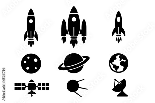 Space exploration silhouette icon set. Vector collection of rockets, planets, satellites. Cosmos and astronomy symbols for science. Spaceship, Earth, Moon, and Sputnik icons.