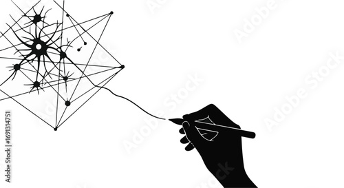 Hand drawing complex network structure connecting abstract ideas and data points