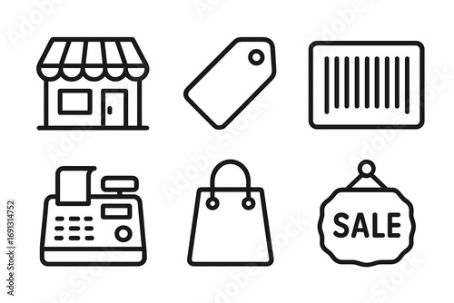 Minimalist shopping icons set with store, price tag, barcode, cash register, shopping bag, sale sign, vector illustration, transparent background, clean line art, retail elements