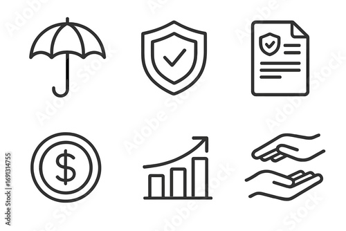 Minimalist insurance icons set with umbrella, shield, claim document, growth chart, coin, and helping hands. Vector cartoon illustration, transparent background, ordered financial protection symbols.