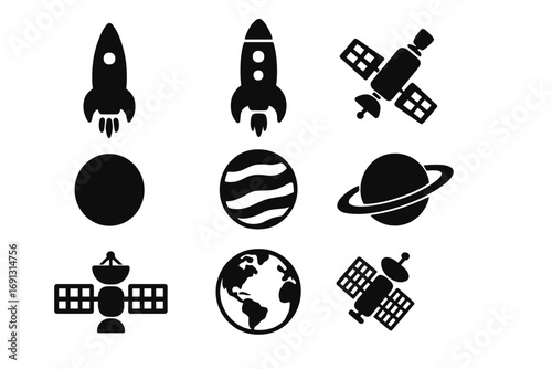 Space exploration vector icon set. Black silhouette icons of rocket, planet, and satellite. Science and technology symbols. Cosmos, astronomy elements for graphic design.
