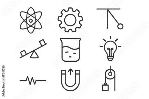 Minimalist physics and engineering icons set with simple black line design including atom, gear, pendulum, seesaw, beaker, light bulb, waveform, magnet, and pulley vector cartoon illustration