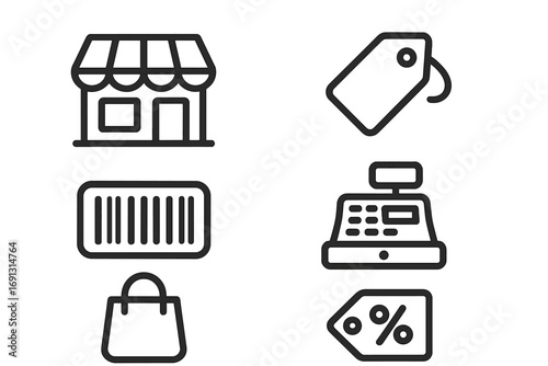 Minimalist shopping icons set store front, price tag, barcode, cash register, shopping bag, sale discount percentage, vector cartoon illustration with transparent background